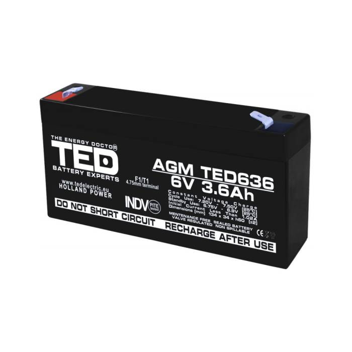 Acumulator AGM VRLA 6V 3,6A dimensiuni 133mm x 34mm x h 59mm F1 TED Battery Expert Holland TED002891 (20)