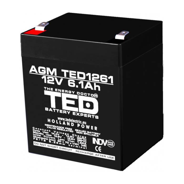 Acumulator AGM VRLA 12V 6,1A dimensiuni 90mm x 70mm x h 98mm F2 TED Battery Expert Holland TED003171 (10)