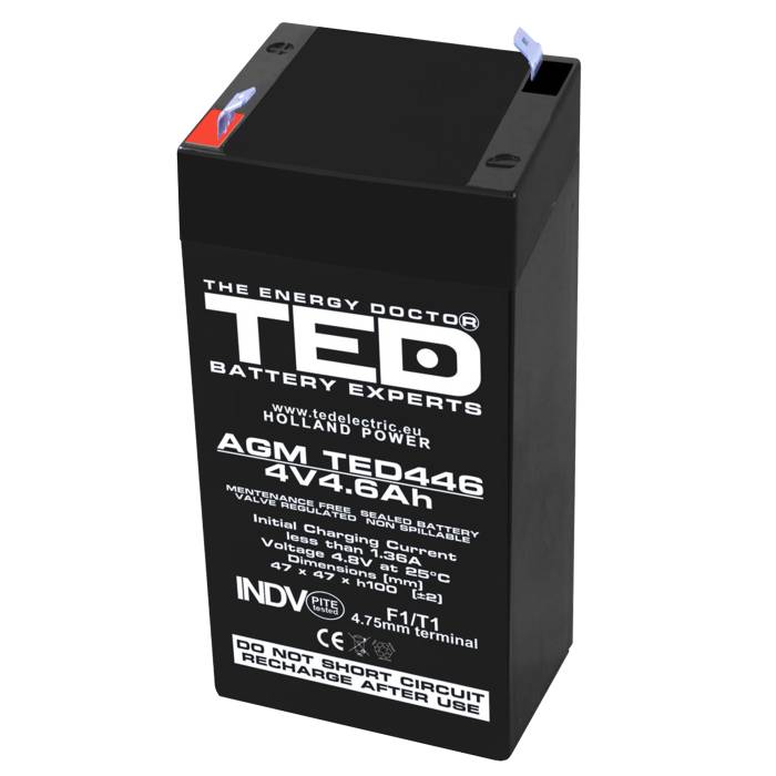 Acumulator AGM VRLA 4V 4,6A dimensiuni 47mm x 47mm x h 100mm F1 TED Battery Expert Holland TED002853 (30)