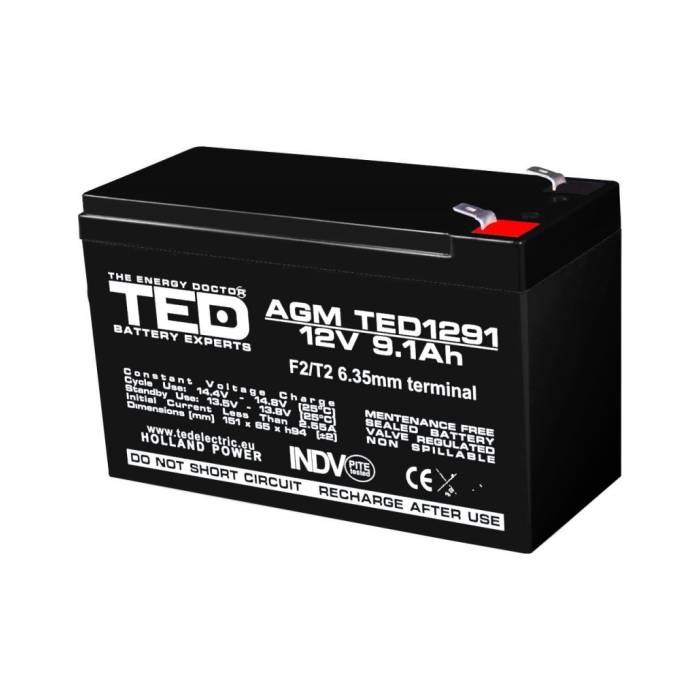 Acumulator AGM VRLA 12V 9,1A dimensiuni 151mm x 65mm x h 95mm F2 TED Battery Expert Holland TED003263 (5)