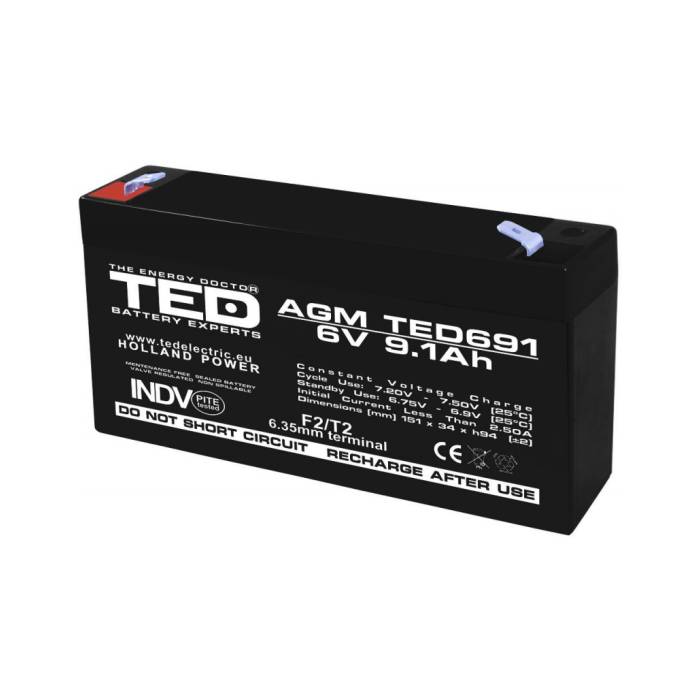 Acumulator AGM VRLA 6V 9,1A dimensiuni 151mm x 34mm x h 95mm F2 TED Battery Expert Holland TED002990 (10)