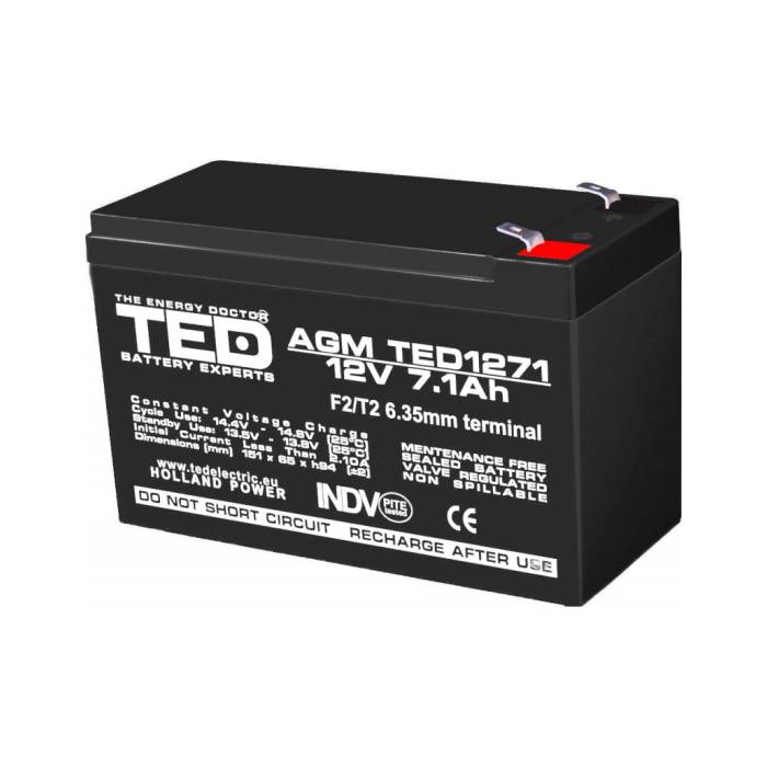 Acumulator AGM VRLA 12V 7,1A dimensiuni 151mm x 65mm x h 95mm F2 TED Battery Expert Holland TED003225 (5)
