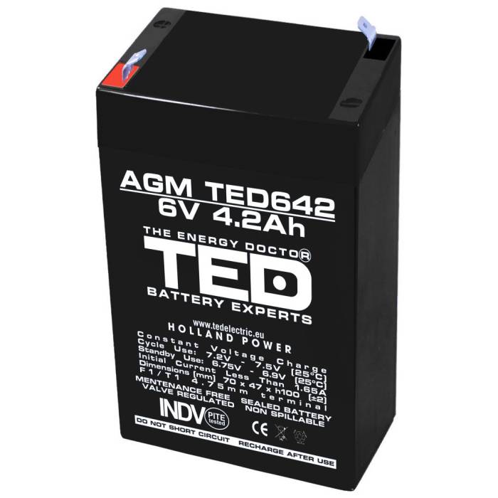 Acumulator AGM VRLA 6V 4,2A dimensiuni 70mm x 48mm x h 101mm F1 TED Battery Expert Holland TED002914 (20)