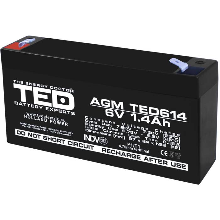 Acumulator AGM VRLA 6V 1,4A dimensiuni 97mm x 25mm x h 54mm F1 TED Battery Expert Holland TED002839 (40)