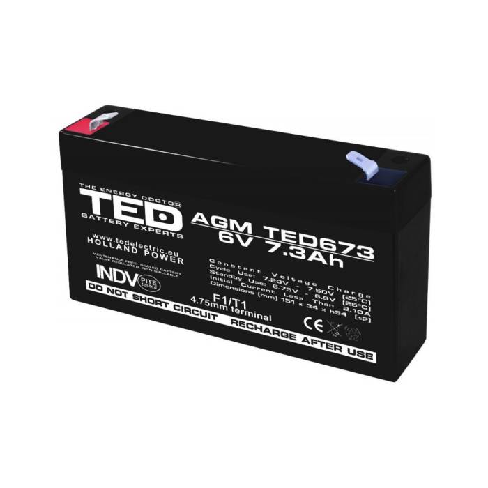 Acumulator AGM VRLA 6V 7,3A dimensiuni 151mm x 35mm x h 95mm F1 TED Battery Expert Holland TED002976 (10)