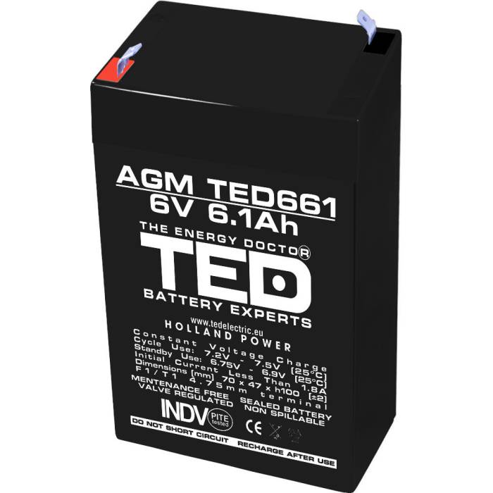 Acumulator AGM VRLA 6V 6,1A dimensiuni 70mm x 48mm x h 101mm F1 TED Battery Expert Holland TED002938 (20)